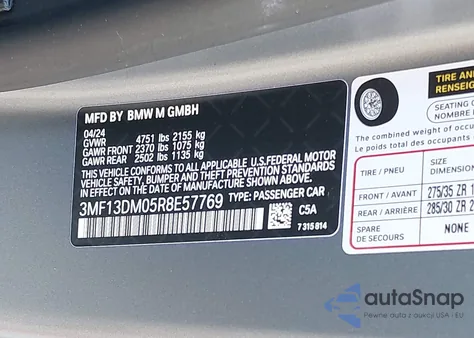 2024 BMW M2 z USA, uszkodzony, nr VIN 3MF13DM05R8E57769